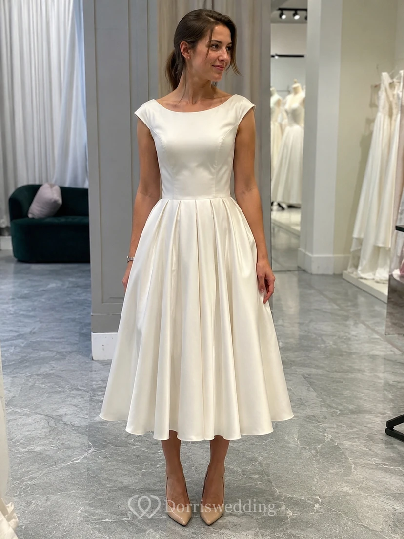 Scoop-neck Cap Satin Empire A-line Tea-length Retro Wedding Dress view 6