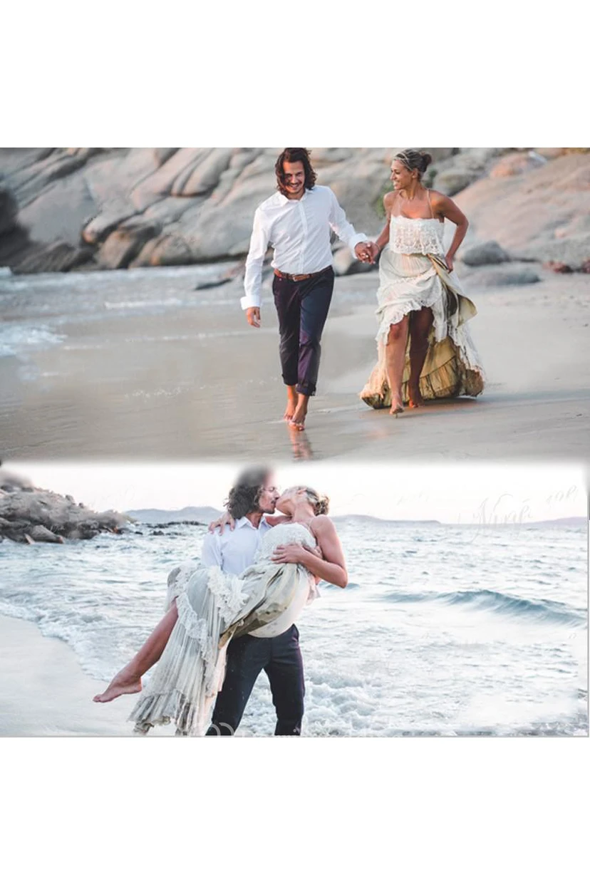 Spaghetti A-Line Sexy Sleeveless Floor-Length Tiers Lace Backless Beach Boho Wedding Dress view 5