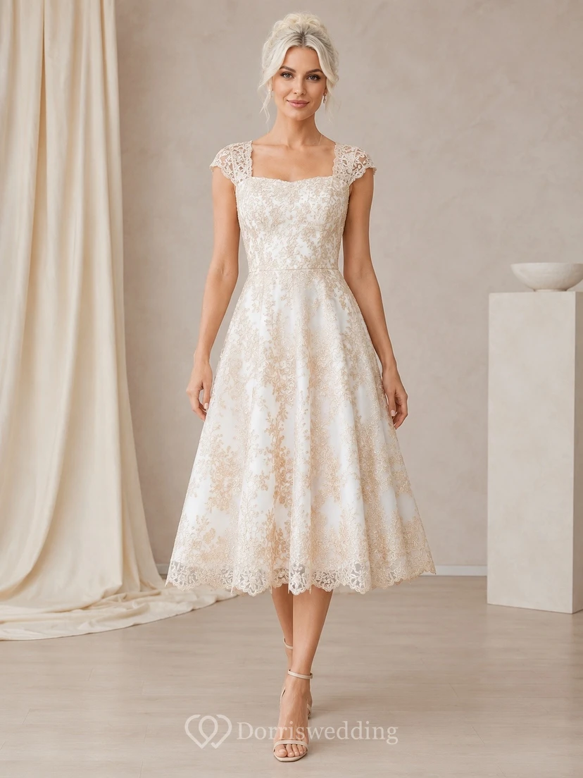Simple Lace Square Neck Sleeveless A-Line Tea-length Bridal Dress