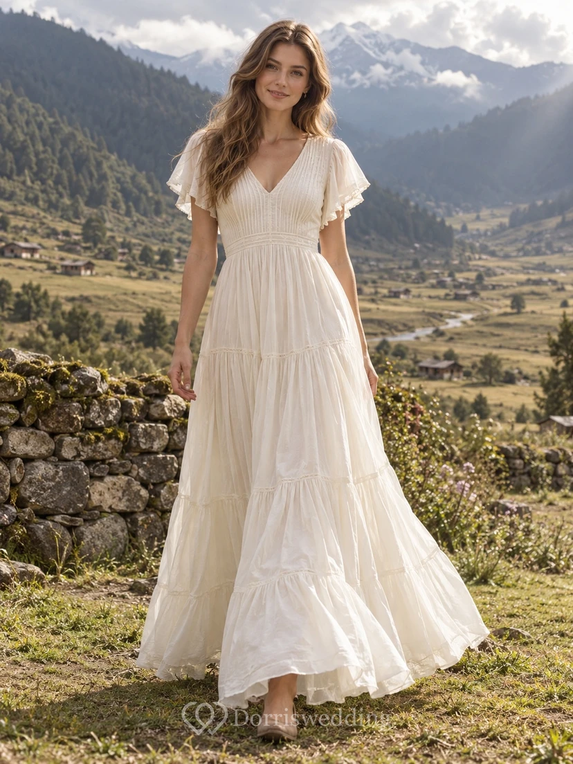 Schlichtes, knöchellanges A-Linien-Brautkleid mit V-Ausschnitt, kurzen Ärmeln und Stufenrock im Landhausstil