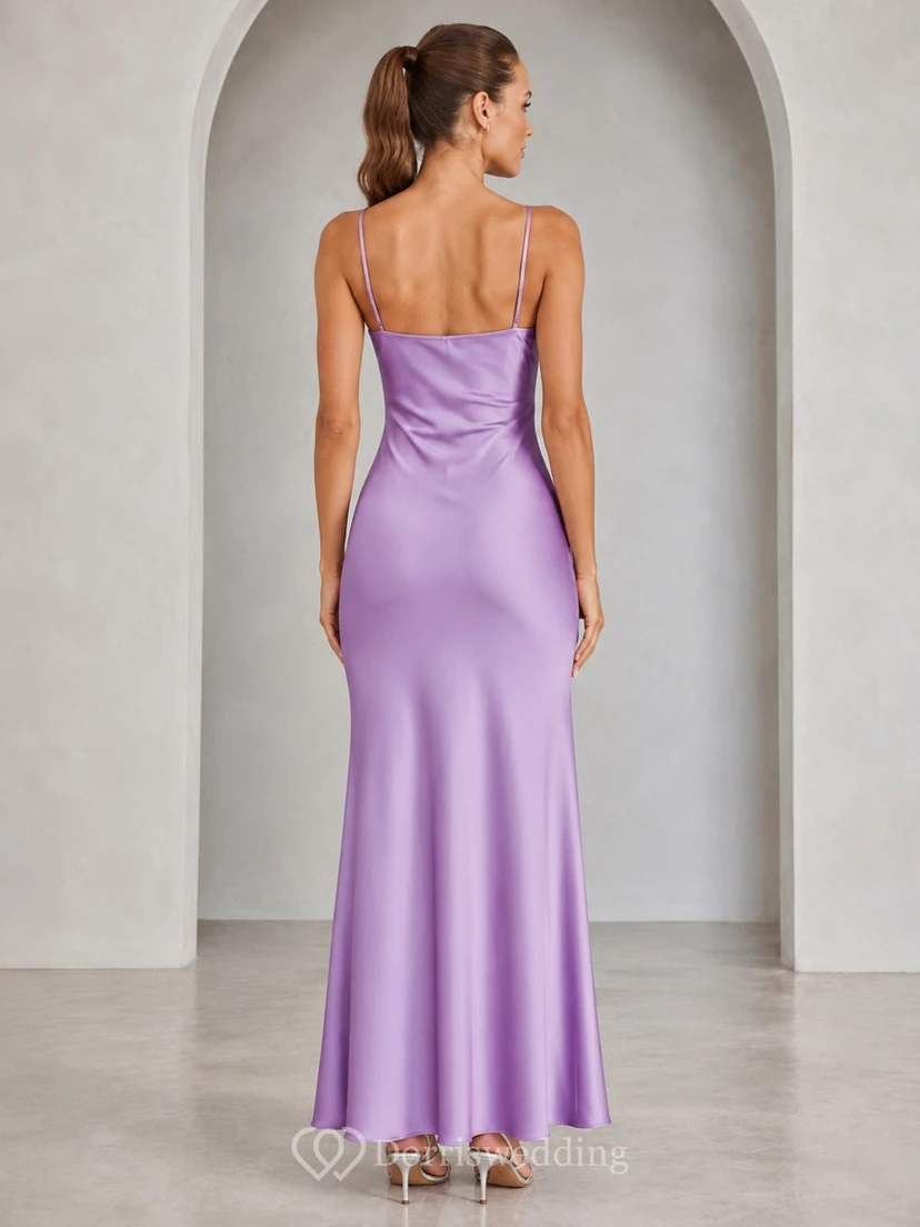 Lavender Spaghetti Strap Cowl Neck Satin Sheath Floor-Length Evening Dress view 2