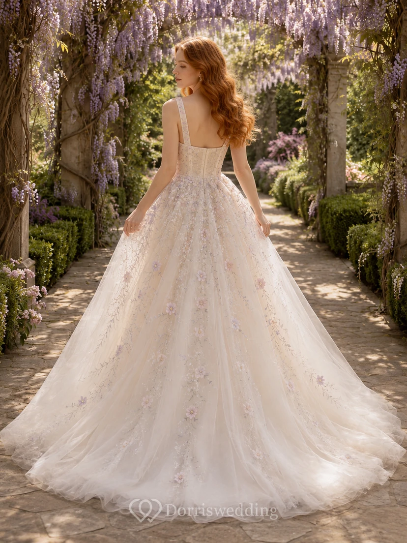 Square Neck Colored Floral Tulle Garden Bridal Gown view 2