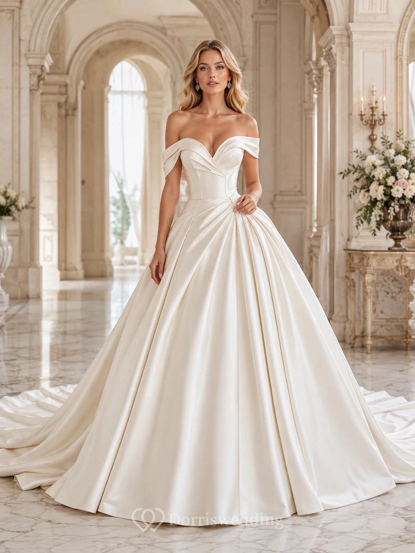 Robe de mariée en satin, robe de bal, épaules dénudées, manches courtes, traîne chapelle