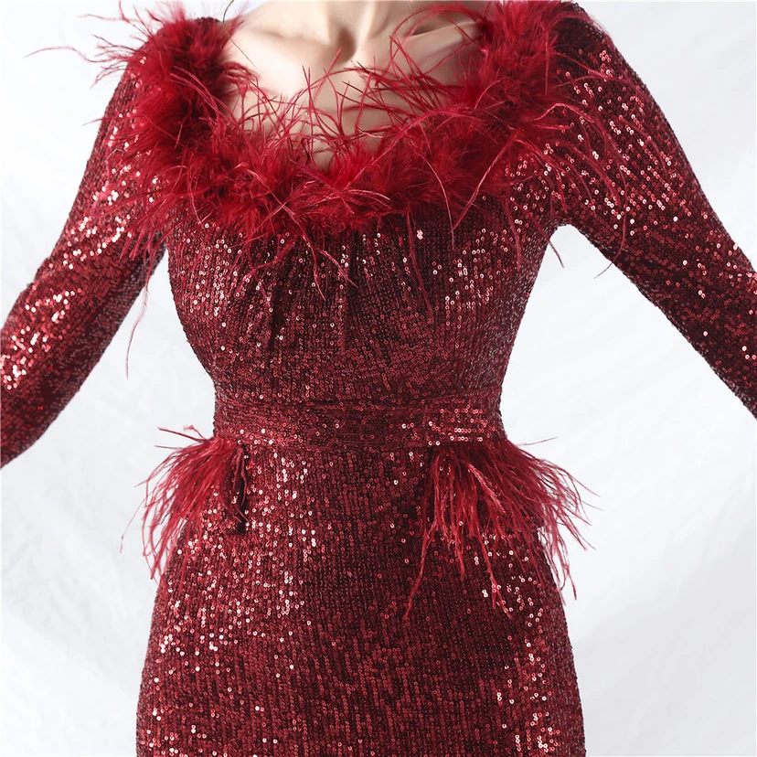 Craft-Made Ostrich Feather Long-Sleeved Beads Evening Dress view 32