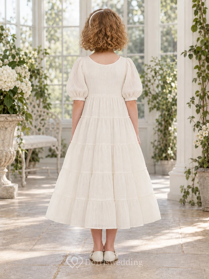 Modest Country Tea-length Ivory Balloon Sleeve Tiered Gauze Flower Girl Dress view 2