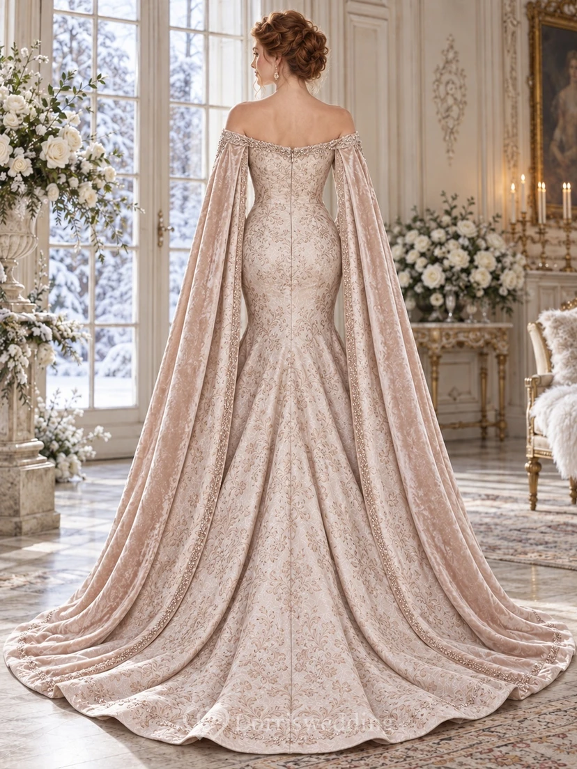 Robe de mariée vintage sirène à manches longues, épaules dénudées, en satin fleuri et cape, style cape, rose poudré et view 2