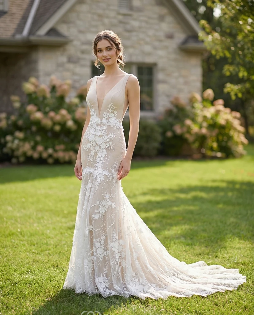 Brautkleid mit Blumenstickerei, tiefem V-Ausschnitt und Meerjungfrauen-Silhouette