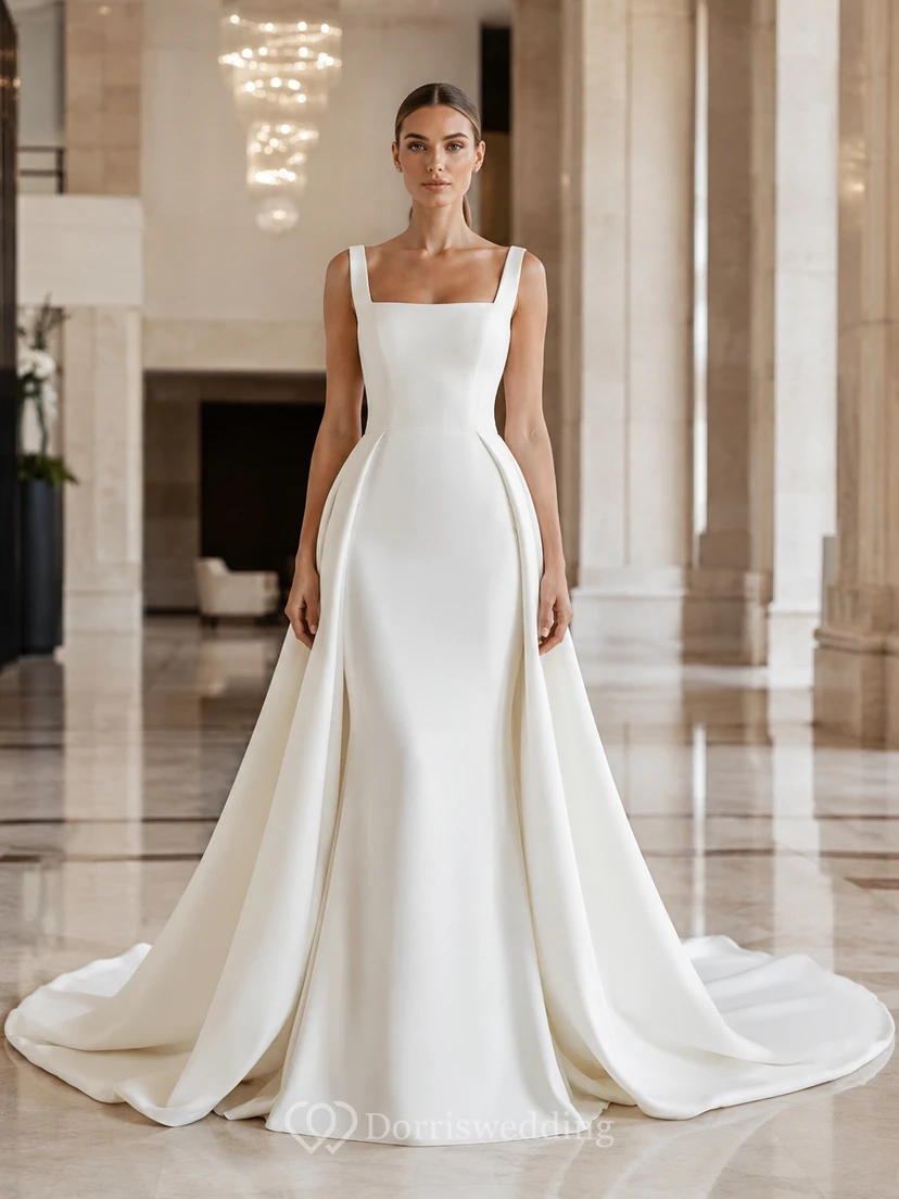 Satin-Hochzeitskleid im Meerjungfrauenstil mit eckigem Ausschnitt, ärmellos, Kapellenschleppe