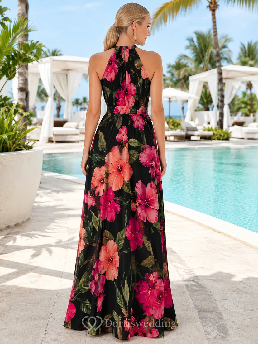 Robe longue dos nu à imprimé floral audacieux noir pour shooting lifestyle view 2