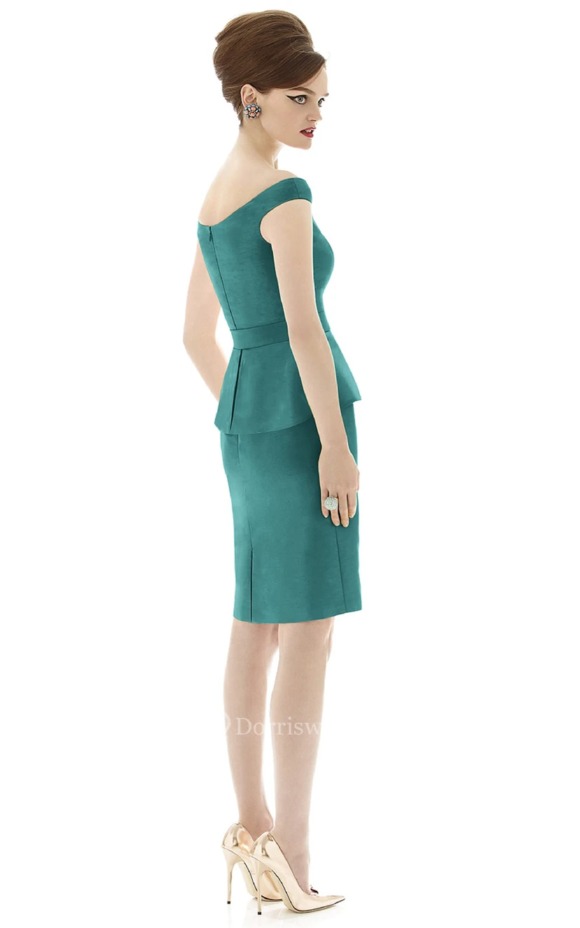 Form-Fitted Cap Sleeved Satin Gown with Bateau Neckline and Waistband view 4