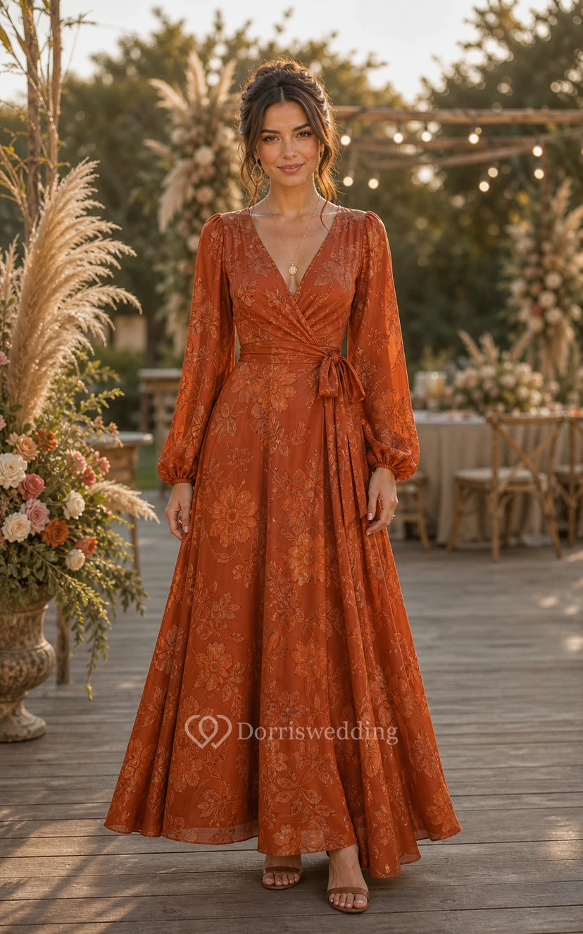 Robe portefeuille longue à manches longues en dentelle orange