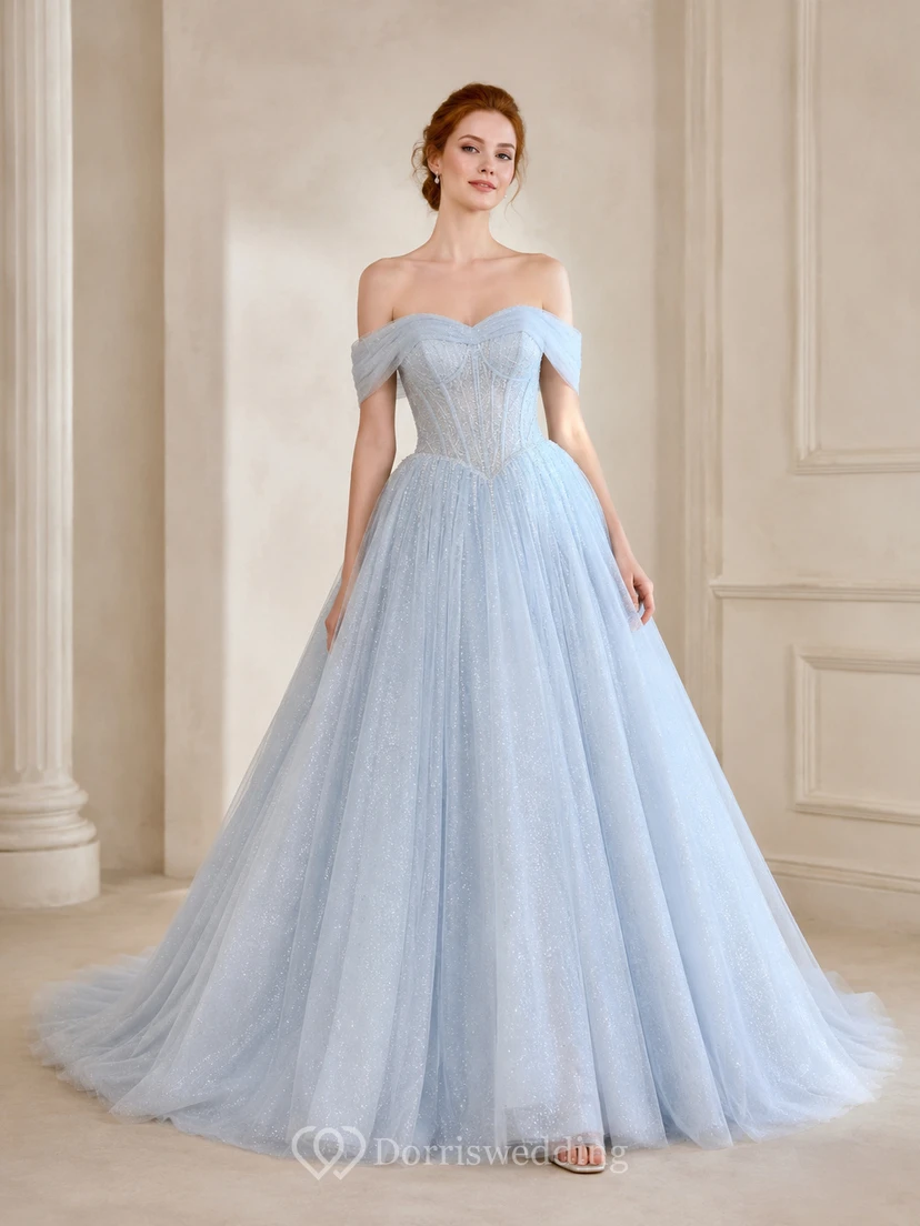 Himmelblaues schulterfreies Glitzer-Tüll-Ballkleid Hochzeitskleid