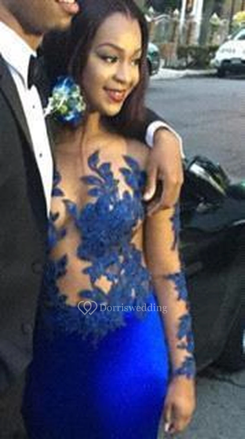 Vestidos de fiesta modernos de manga larga en azul marino estilo sirena para mujer. view 3