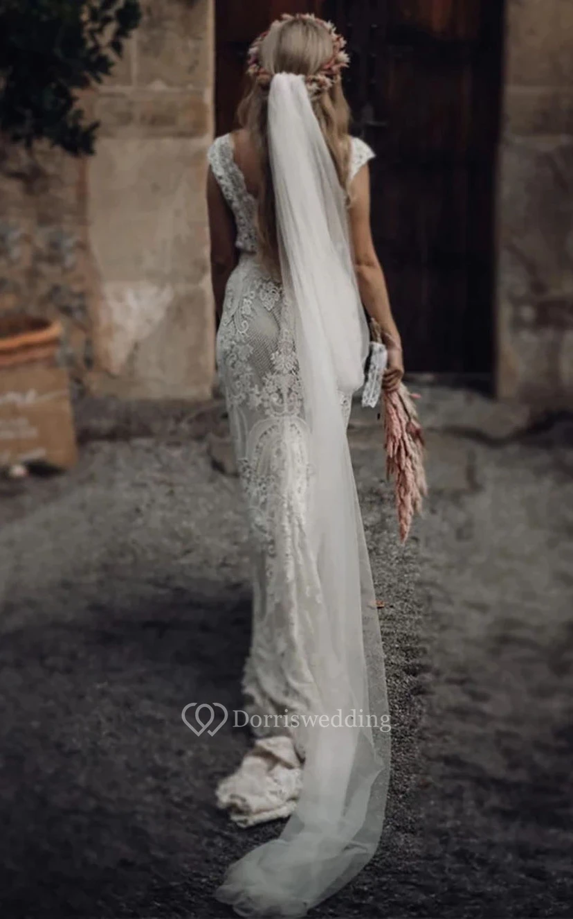 Vintage Empire-Brautkleid aus Spitze mit tiefem V-Ausschnitt und V-Rücken view 5