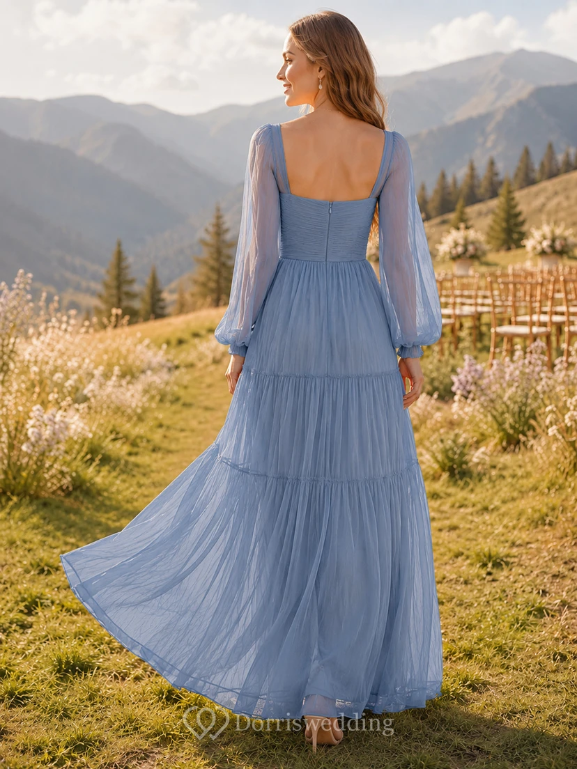 Schieferblaues, gestuftes Chiffon-Gästekleid mit eckigem Ausschnitt, Poetenärmeln und Poetenärmeln view 2