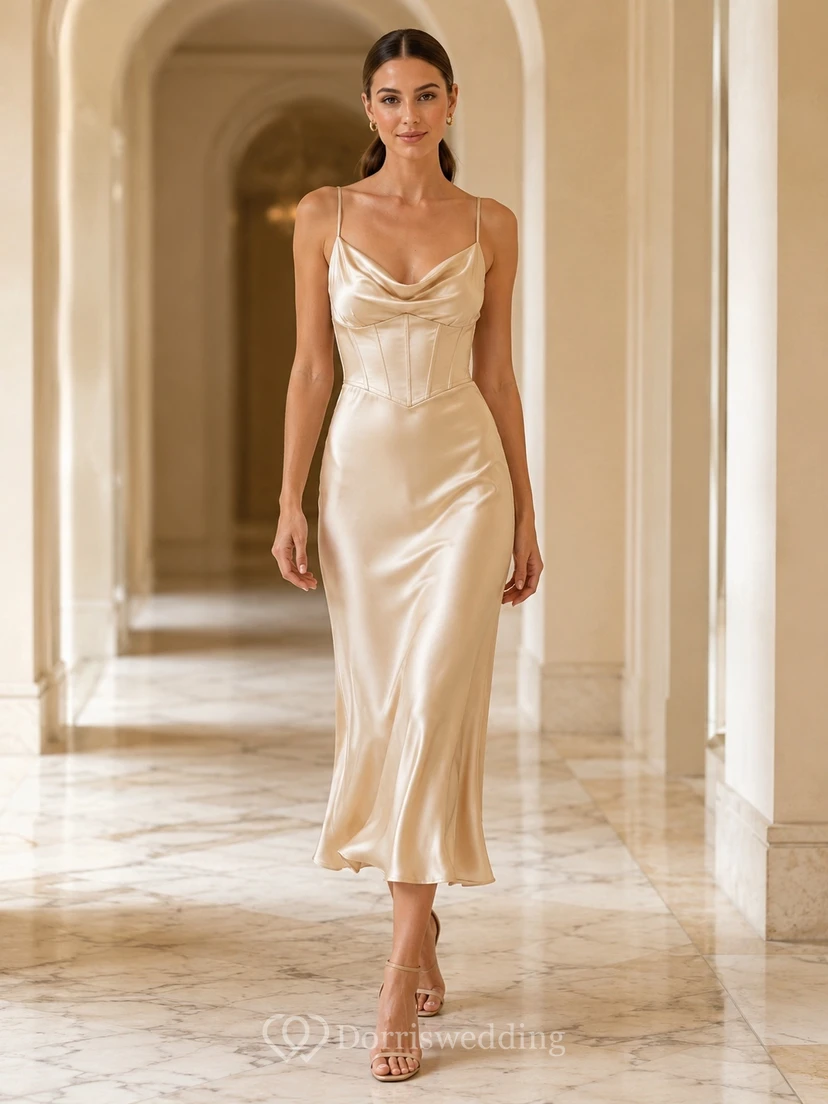 Robe midi fourreau en satin champagne, col bénitier, taille cintrée, coupe fourreau élégante et jupe en biais view 2