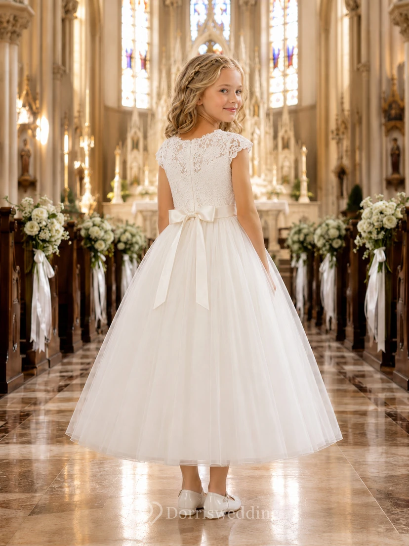 A-Line Cathedral Wedding Flower Girl Dress with Lace Bodice, Tulle Skirt, Satin Bow, Floor-Length Formal Ceremony Style view 2