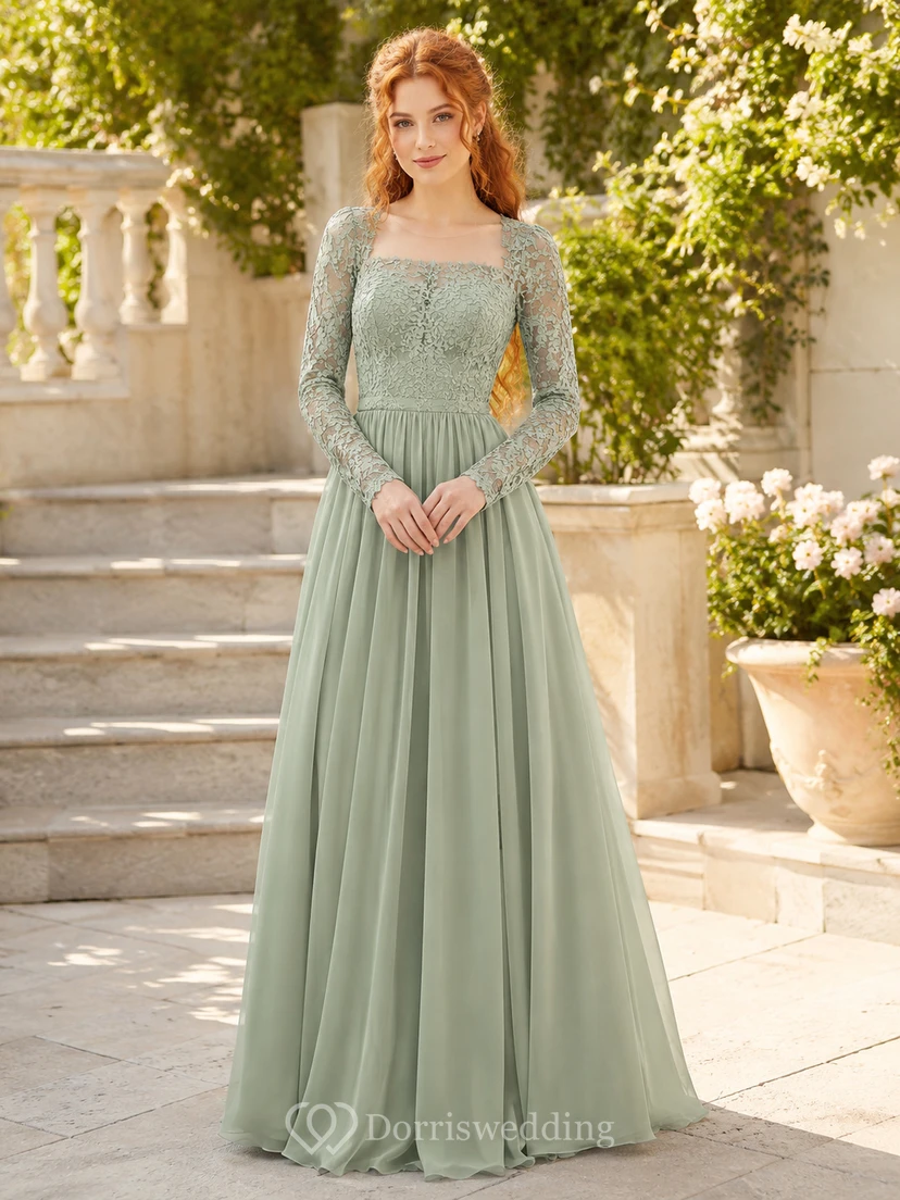 Sage Chiffon Lace Long Sleeve Modest A Line Prom Gown