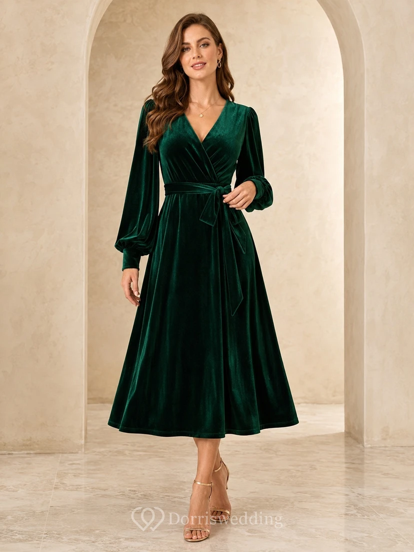 Robe trapèze mi-longue en velours vert foncé, col en V, manches bouffantes, décolleté en V