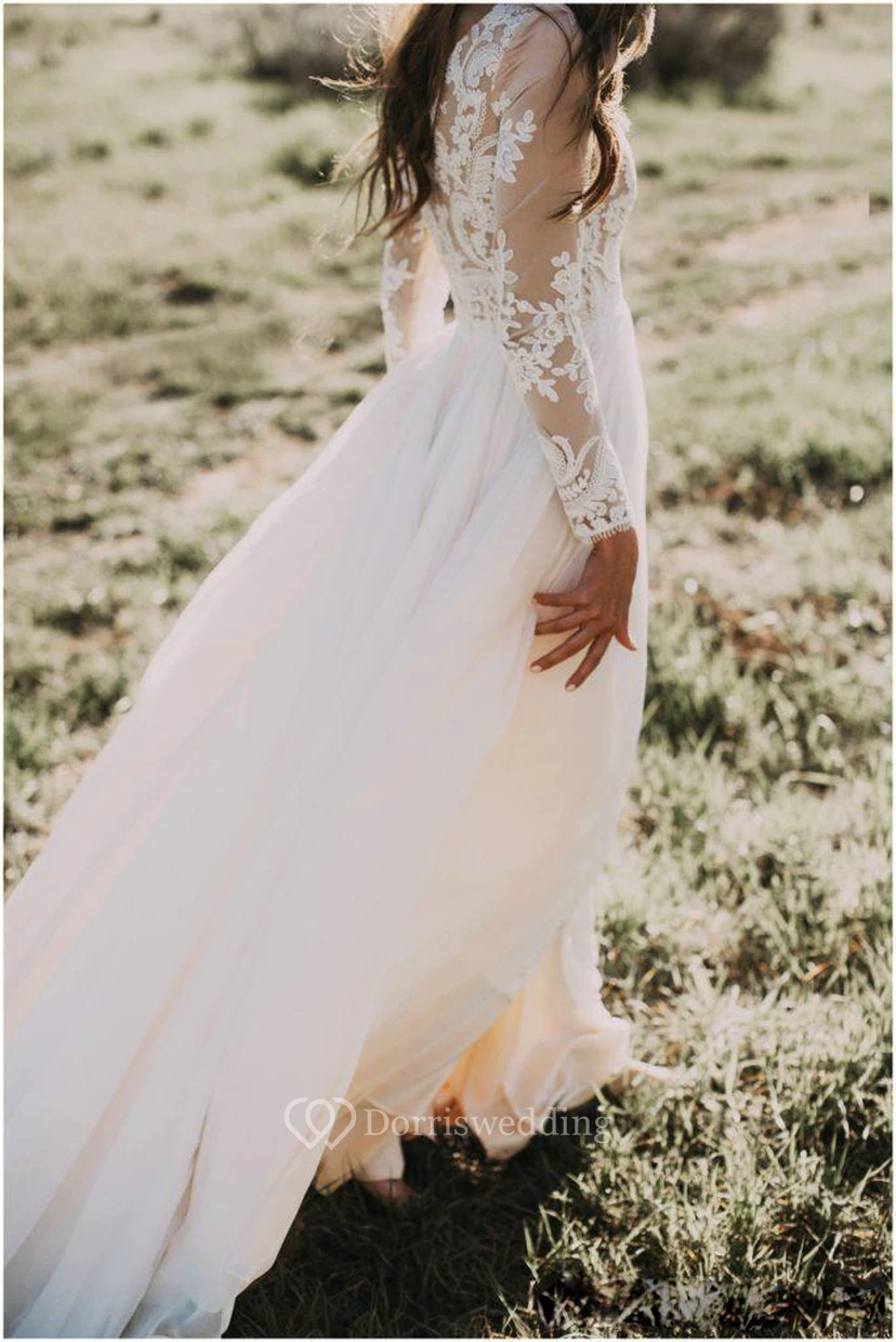 Robe de mariée bohème champêtre | Robe de mariée vintage modeste à manches longues style western pour une fugue amoureuse view 6