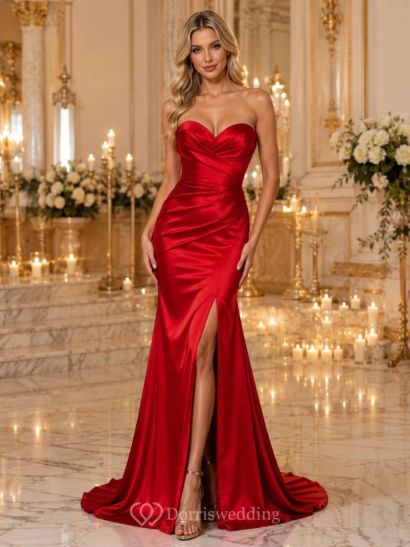 Rotes trägerloses Satin-Abendkleid mit Herzausschnitt und Schlitz für Jubiläumsfotos
