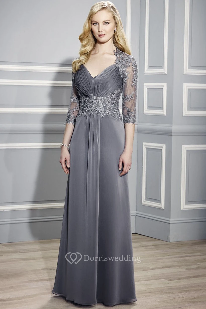 Vestido formal de punto fruncido con escote en V y mangas de 3-4 pulgadas.