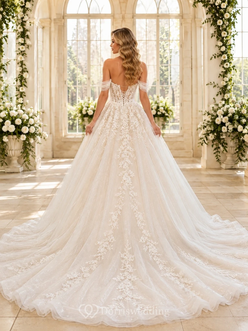 Vestido de novia blanco romántico de gala con hombros descubiertos y apliques de encaje view 2