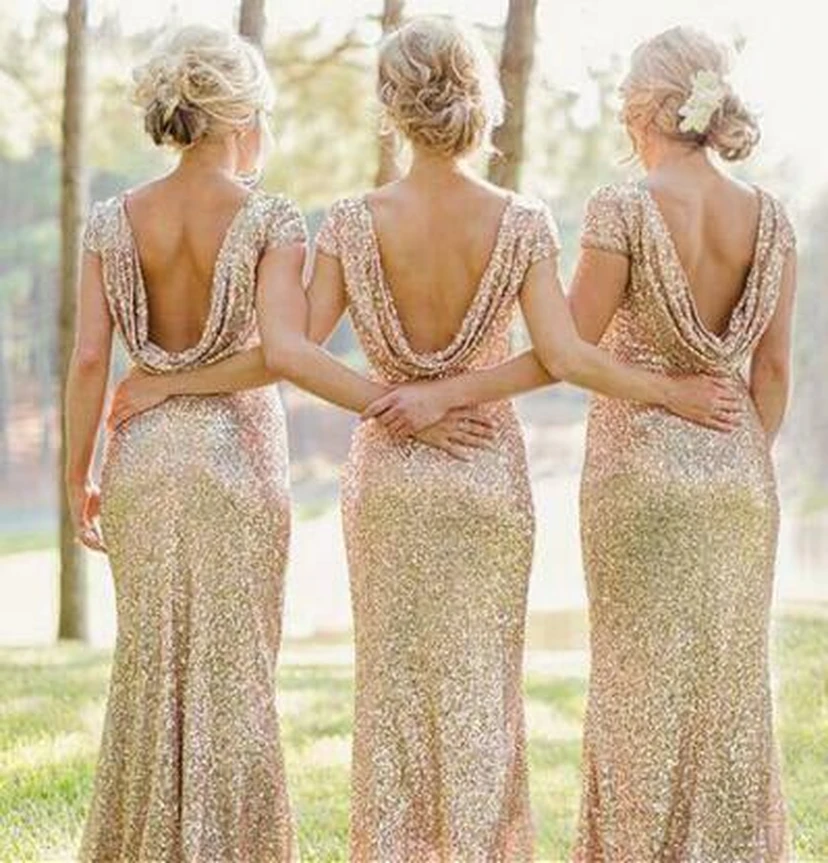 Sequin Gold Bridesmaid Dress | Long Sparkly MOB Glitter Gown with Sleeves view 5