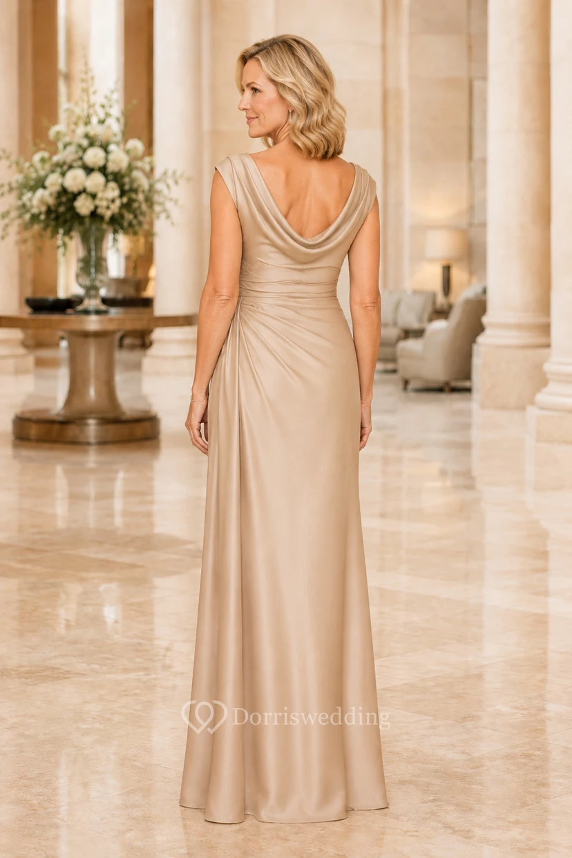 MOB-Kleid Champagnerfarbenes Satin-Etuikleid mit Wasserfallausschnitt, bodenlang, drapiert view 2