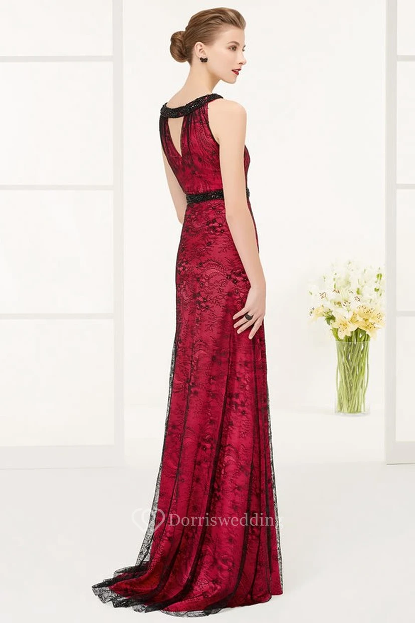 High Neck Sleeveless Sheath Lace Long Prom Dress With Front And Back Keyholes view 2