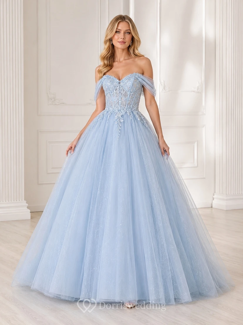 Sky Blue Tulle Lace Sweetheart Off-the-shoulder Short Sleeve Ball Gown Floor-length Beaded Romantic Prom Dress