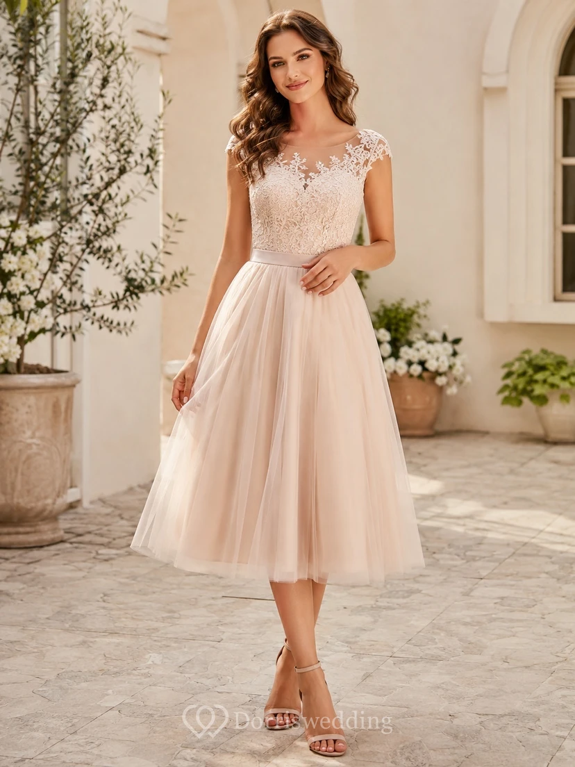 Romantic Civil Tea-Length Tulle A-Line Illusion V-Neck Wedding Dress