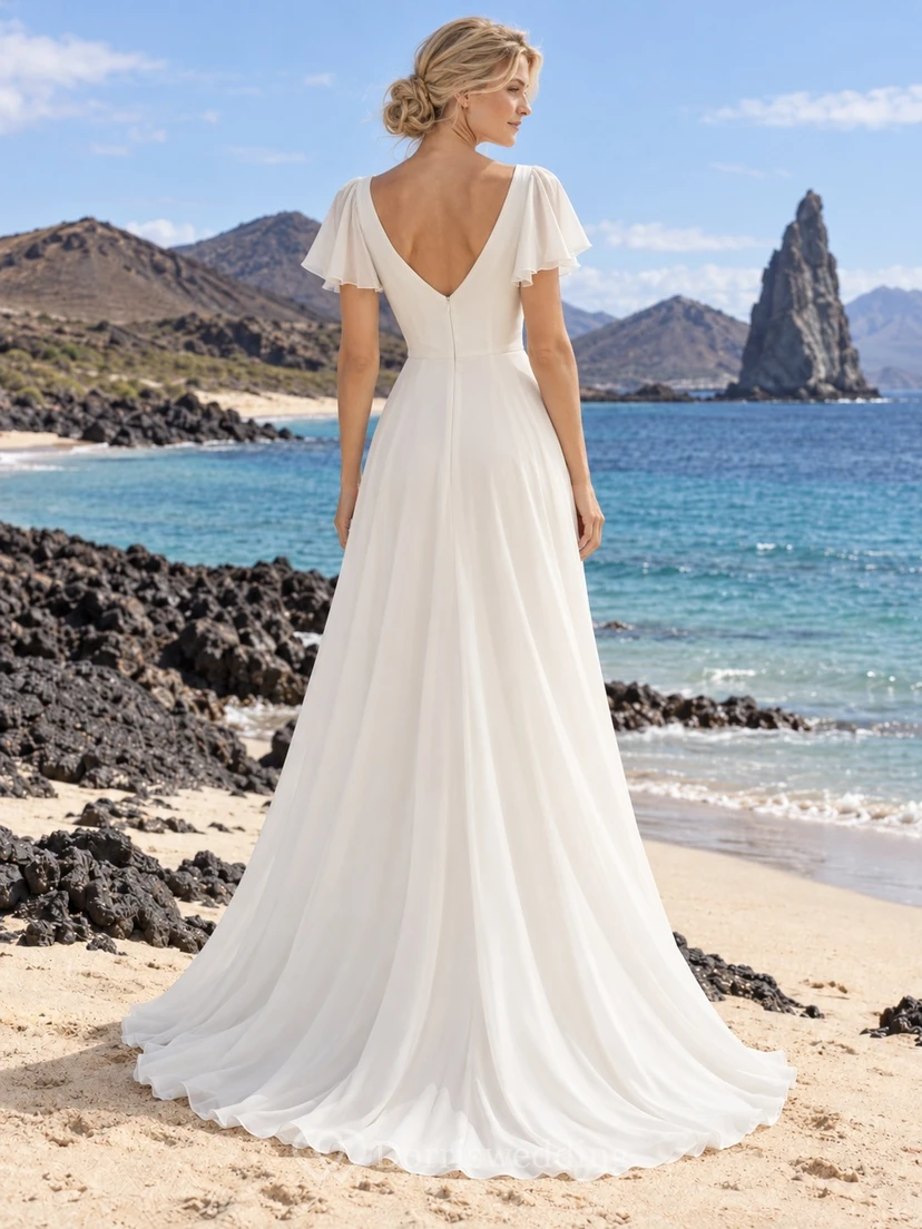 Vestido de novia de georgette con escote en V, mangas con volantes, corpiño liso y falda en línea A. view 2