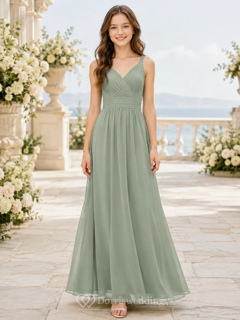 Vestido de dama de honor juvenil color celadón, corte en A, escote en V, sin mangas, de gasa, con detalle de lazo, estilo romántico.