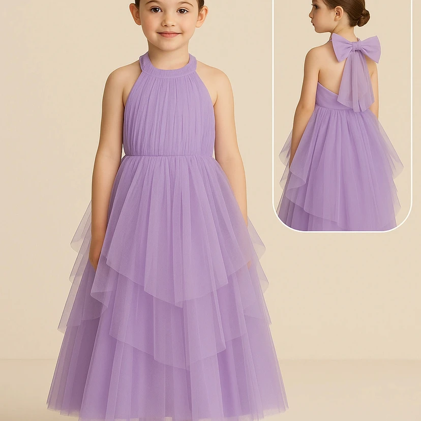 Scoop-neck Sleeveless Tulle Purple Layered Flowergirl Dress