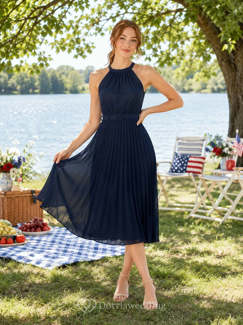 Navy Halter Pleated Chiffon Midi Summer Picnic Dress