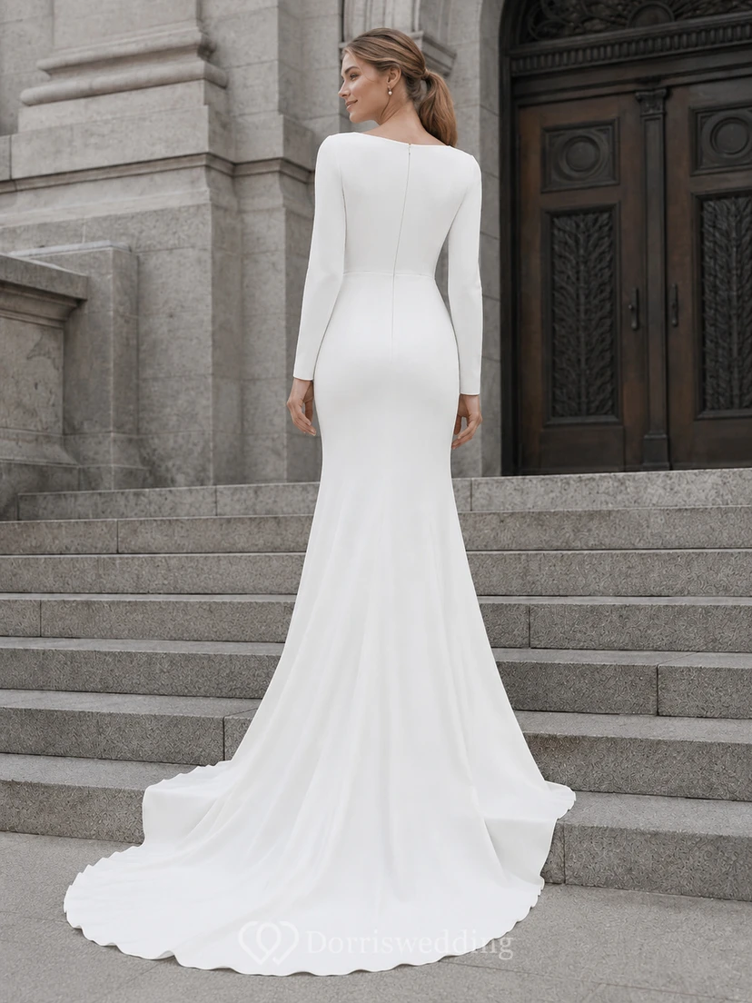 Bateau Long Sleeve Crepe Mermaid City Hall Wedding Dress view 2