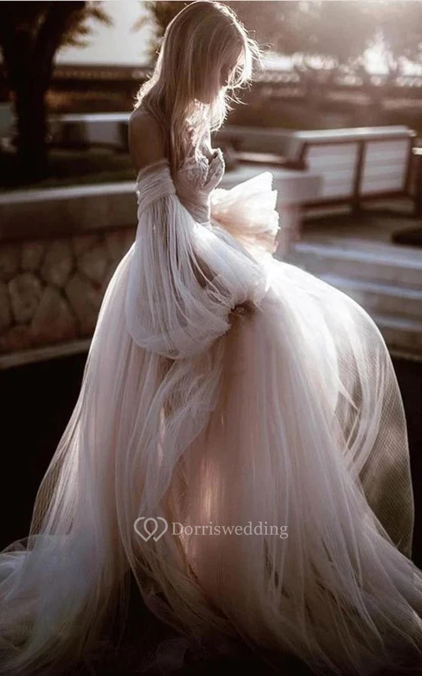 Puff Flowy Illusion Tulle A-line Off-the-shoulder Criss-cross Dress view 3