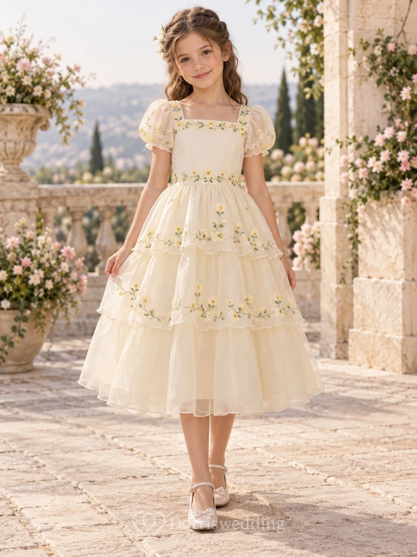 Tea-length Square Neck Cream Yellow Floral Puff Sleeve Embroidered Tiered Tulle Flowergirl Dress