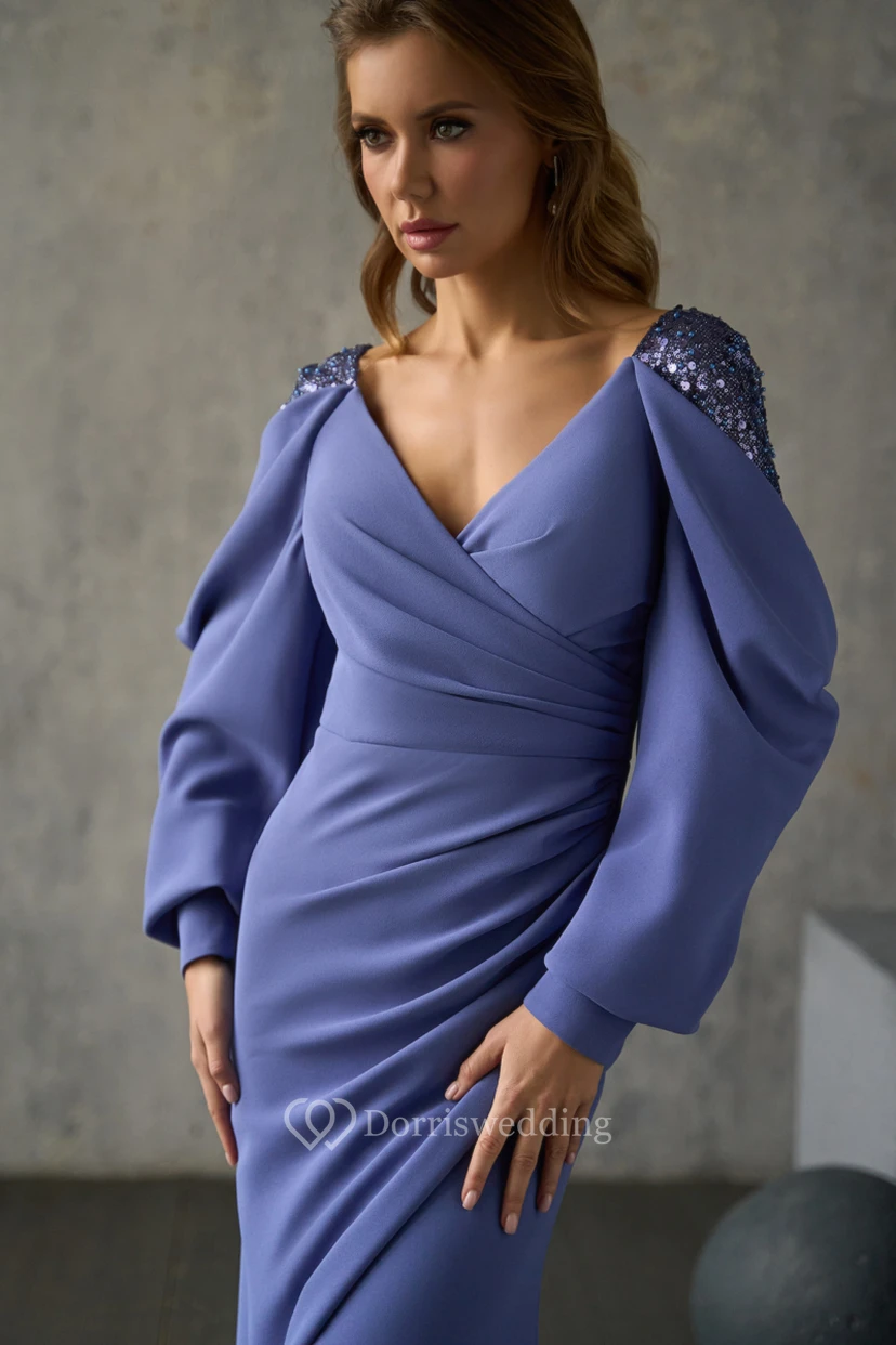 Blue V-neck Sexy Long Sleeve Chiffon Dropped Sequin Dress view 3