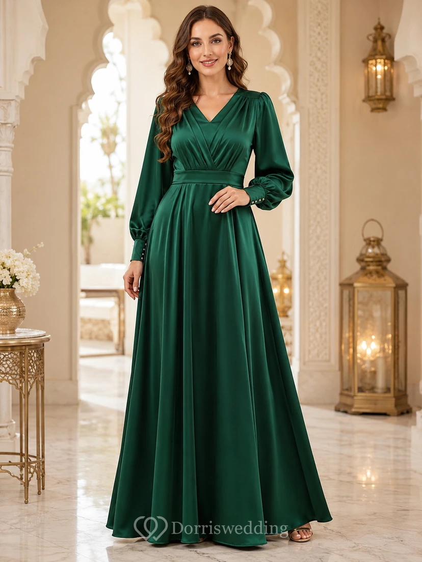Dunkelgrünes, bodenlanges Eid-Kleid aus Satin mit V-Ausschnitt, langen Ballonärmeln, Perlenbesatz an der Taille und A-Linien-Schnitt.