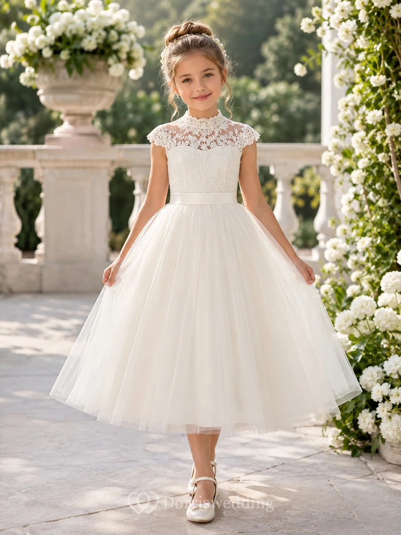 Flower Girl Dress Ivory Lace Tulle A-Line Jewel Neck Tea Length