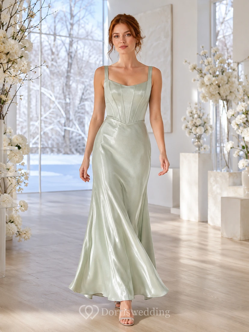 celadon Square Neck Corset Satin Mermaid Ankle Guest Dress
