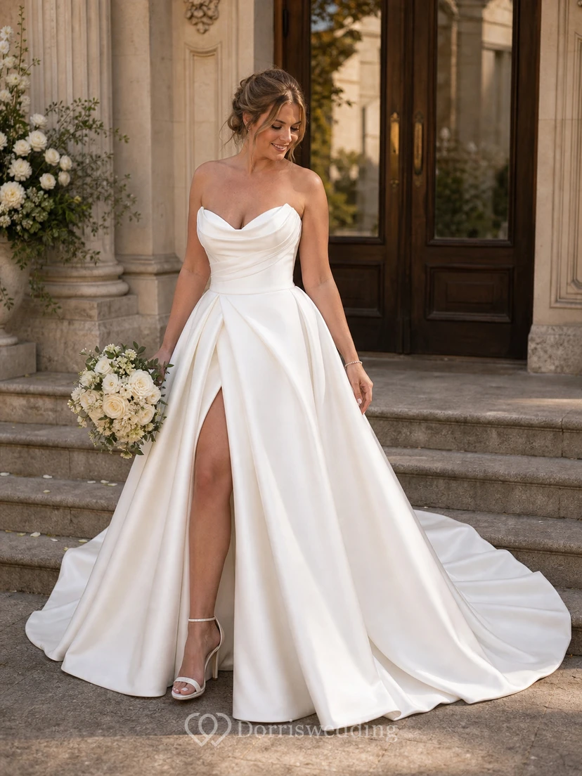 Elegantes Brautkleid aus Satin mit herzförmigem Ausschnitt, gekreuzten Trägern und Empire-Ausschnitt sowie vorderem Schlitz view 10