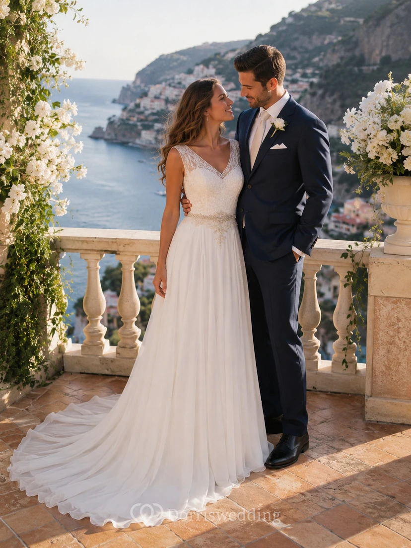 Empire-Chiffon-Brautkleid im griechischen Stil mit V-Ausschnitt, ärmellos und mit Perlenstickerei