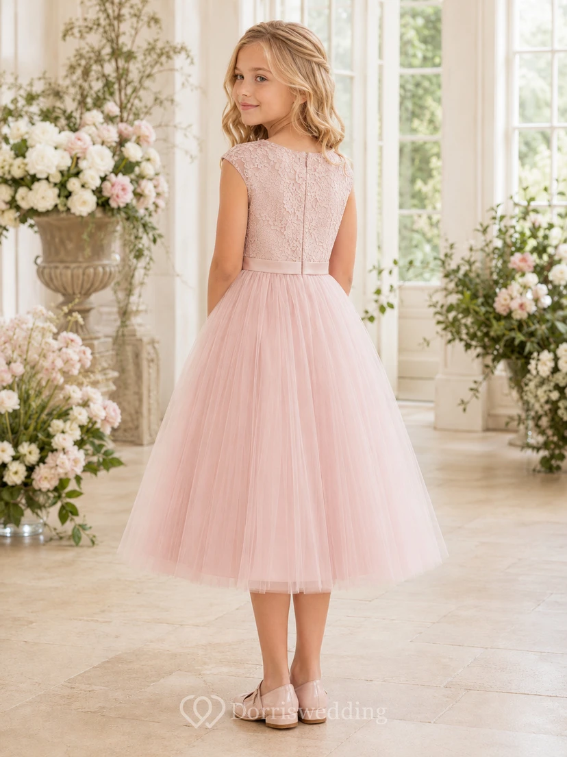 Rosafarbenes, ärmelloses Tüllkleid in A-Linie mit Schleife für Blumenmädchen, Gartenstil, Teelänge. view 2