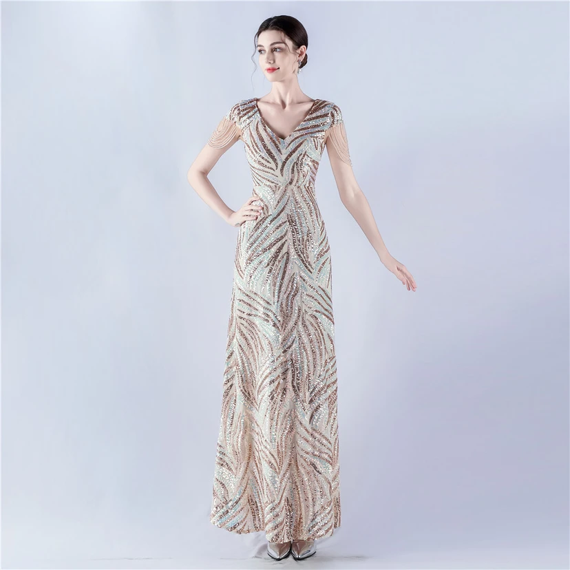A-Line Big Swing Dress Skirt Encrypted Sequined Craft Beaded Evening Dress view 48