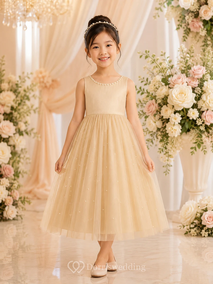 Scoop-neck Sleeveless Tulle Satin A-line Flowergirl Dress view 6