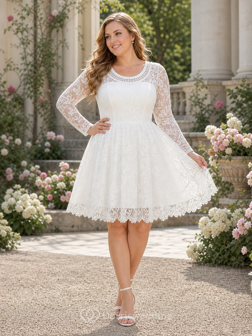 Robe de mariée classique de plage en dentelle à manches longues, longueur genou, ornée de perles view 4