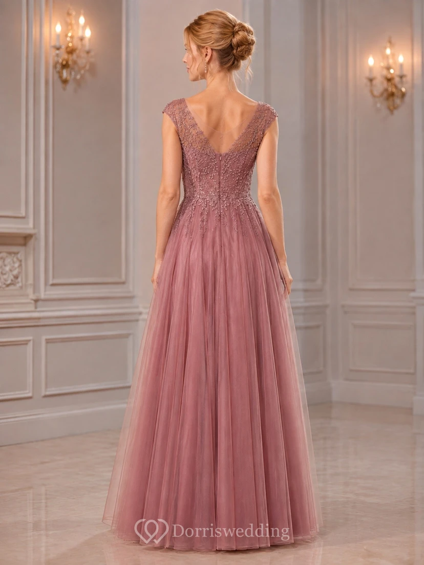 Romantic Dusty Rose V-neck Short Sleeve Floor-length Chiffon A-line Evening Dress view 2